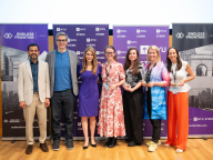 Left to right: Endless Frontier Labs Founding Director Deepak Hegde, Interim Dean J.P. Eggers,  Elizabeth Elting (MBA ‘92), Capella Kerst of geCKo Materials, Maria Soloveychik of SyntheX, Martina Kingvall of Telness Tech, and Moran Snir of Nest Genomics
