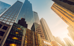 view of highrise buildings from street-level, with golden glow reflecting on buildings